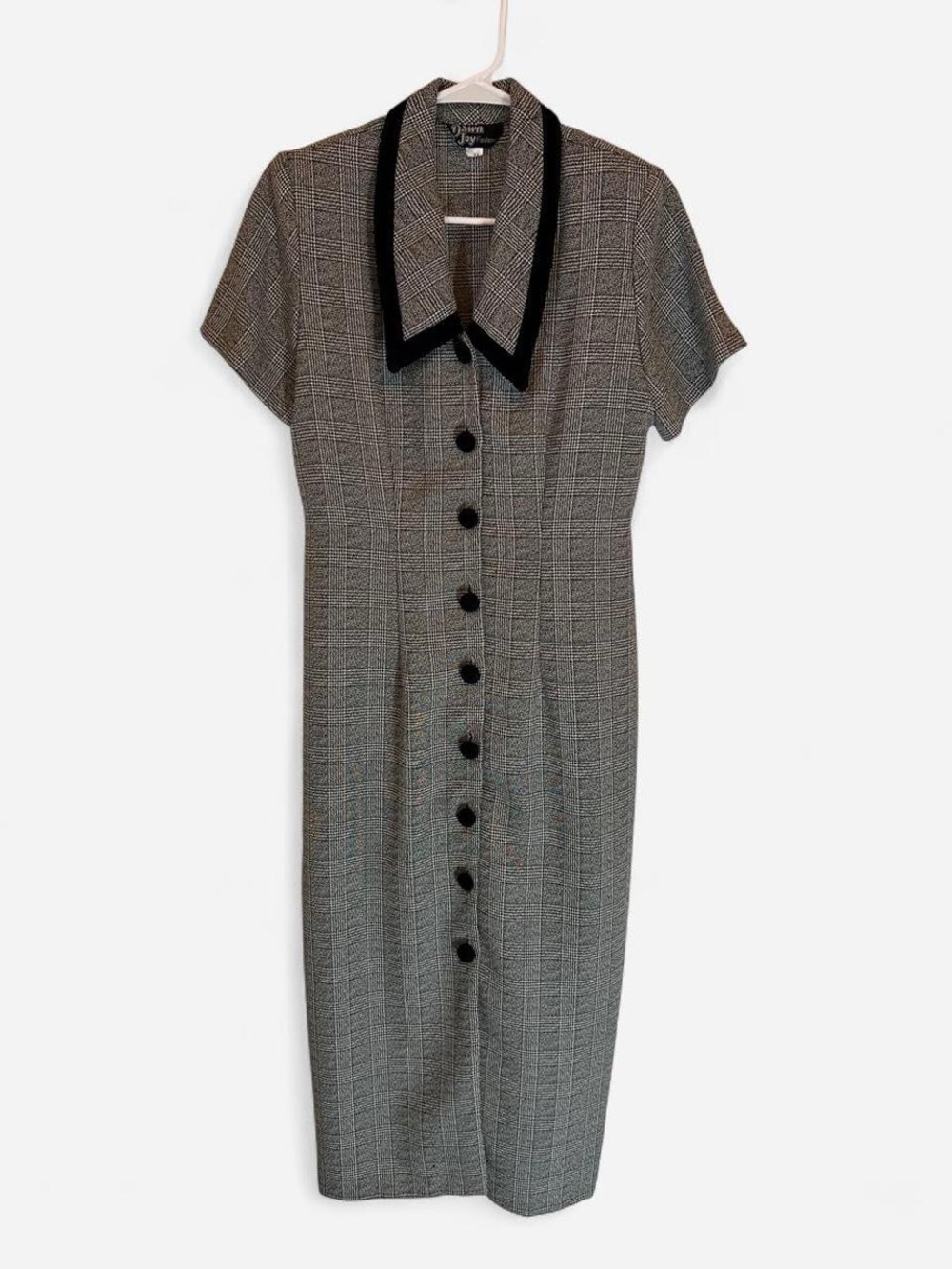 Vintage 1990s Dawn Joy Fashion Black and Gray Houndstooth Midi Dress